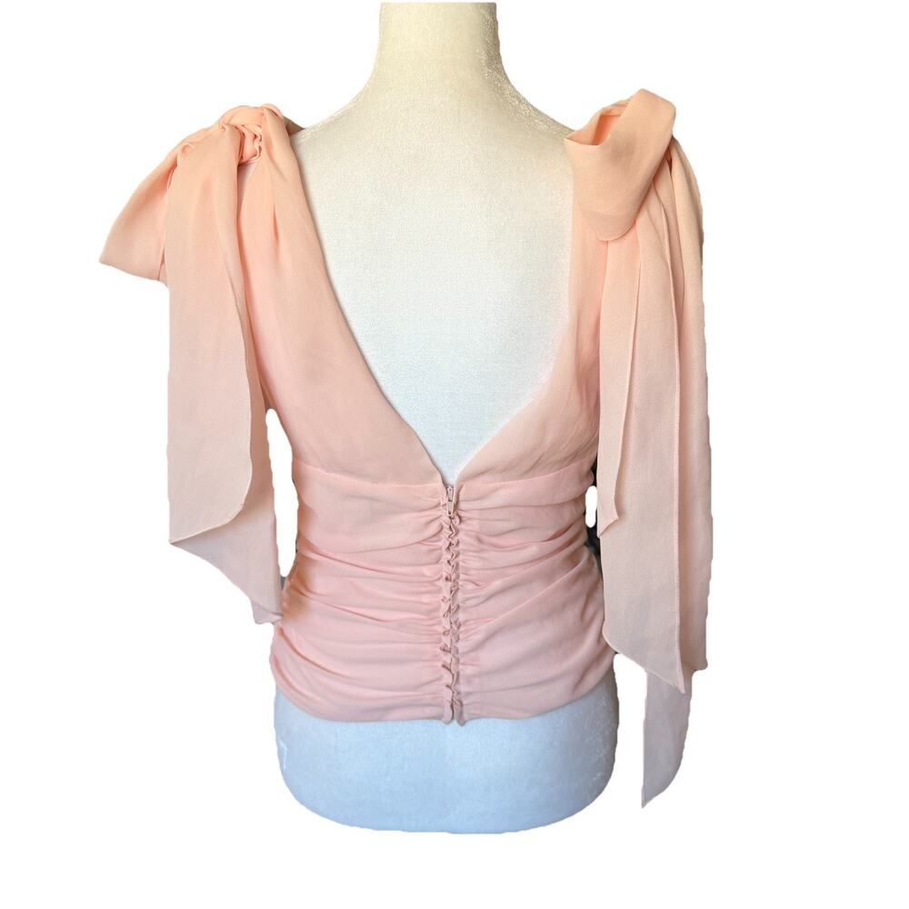 Magaschoni Womens Size 4 Blouse Light Pink Vneck Ruched Tie Shoulder Top Elegant - Picture 5 of 9